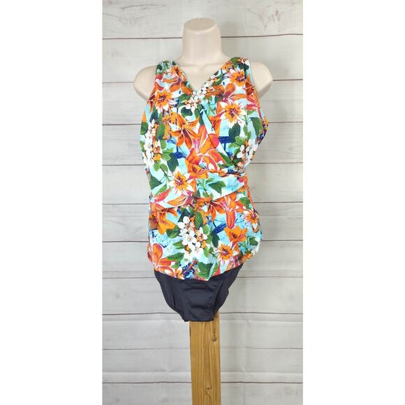 14 BRIGHT TROPICAL A474692 Denim & Co. Beach V-Neck Tankini with Brief - Picture 2 of 3